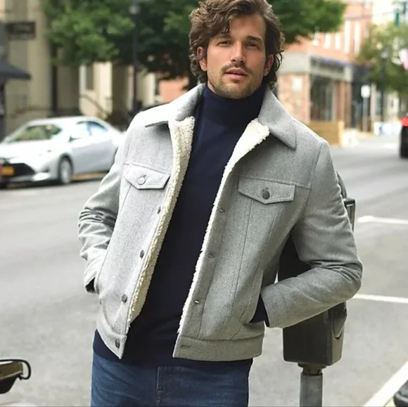 Men's Express Wool Sherpa Lined Trucker Jacket XL Gray - Picture 1 of 9